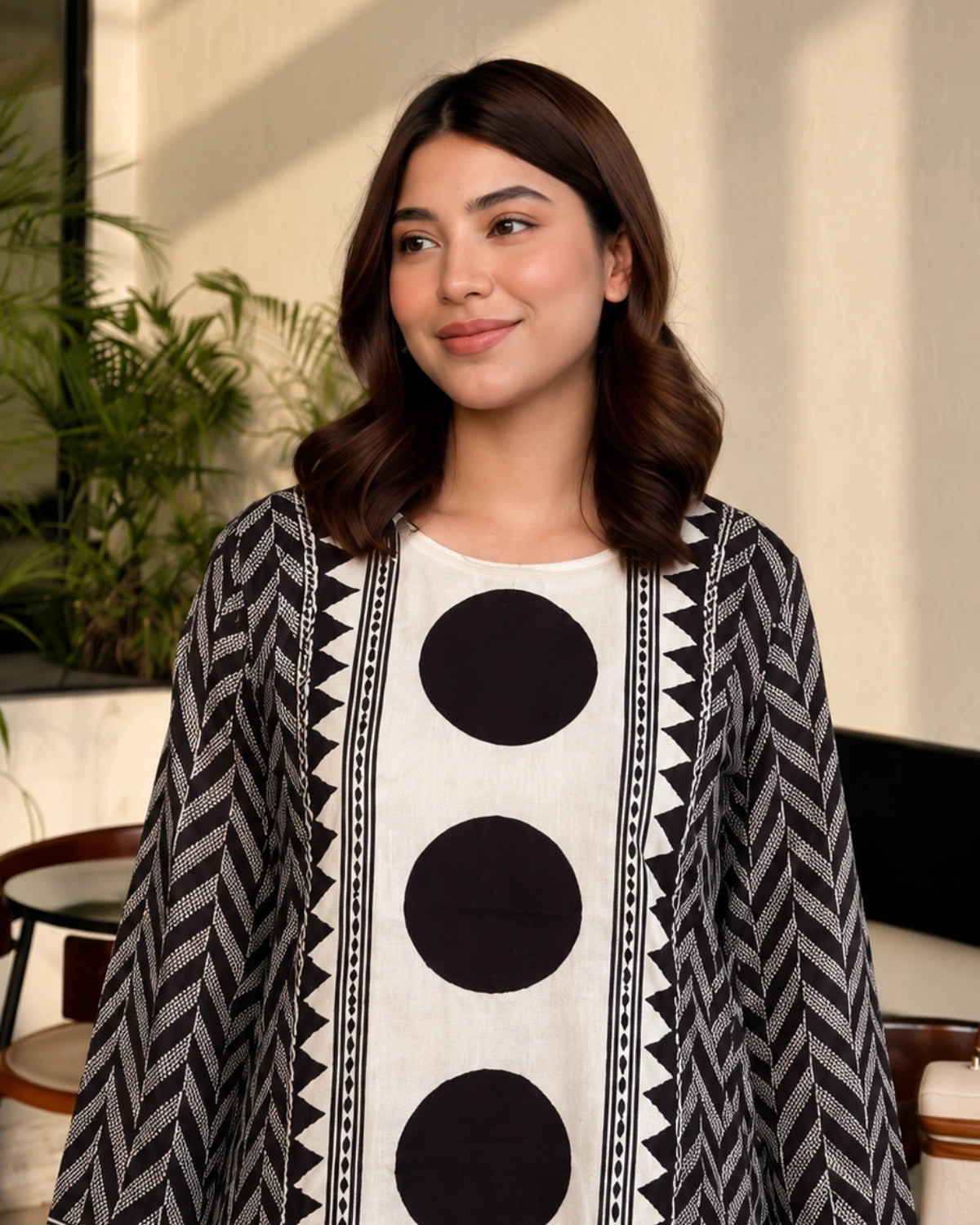 Monochrome Geometric Print Rayon Long Kurta for Office Wear