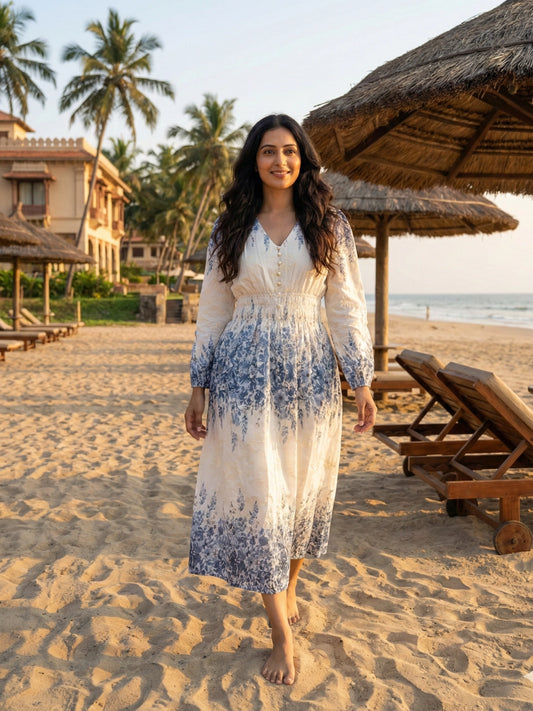 Indigo Floral Smocked Midi Dress