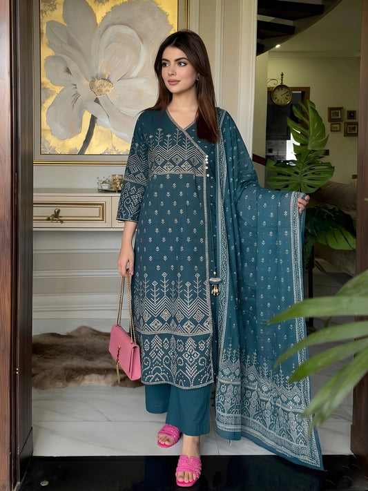 Elegant Teal Angrakha-Style Kurta Set with Dupatta