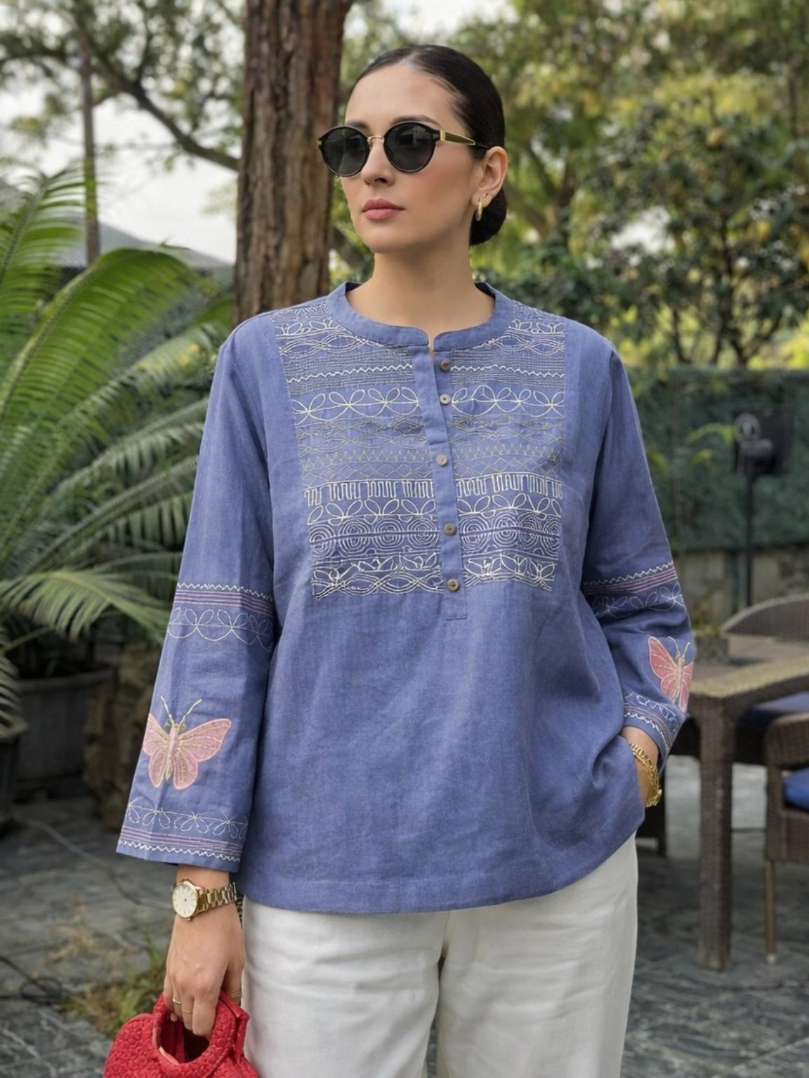 Embroidered Slate Blue Butterfly Tunic