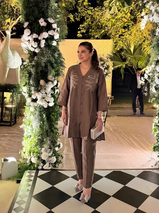 Mocha Brown Embroidered Button-Down Co-Ord Set