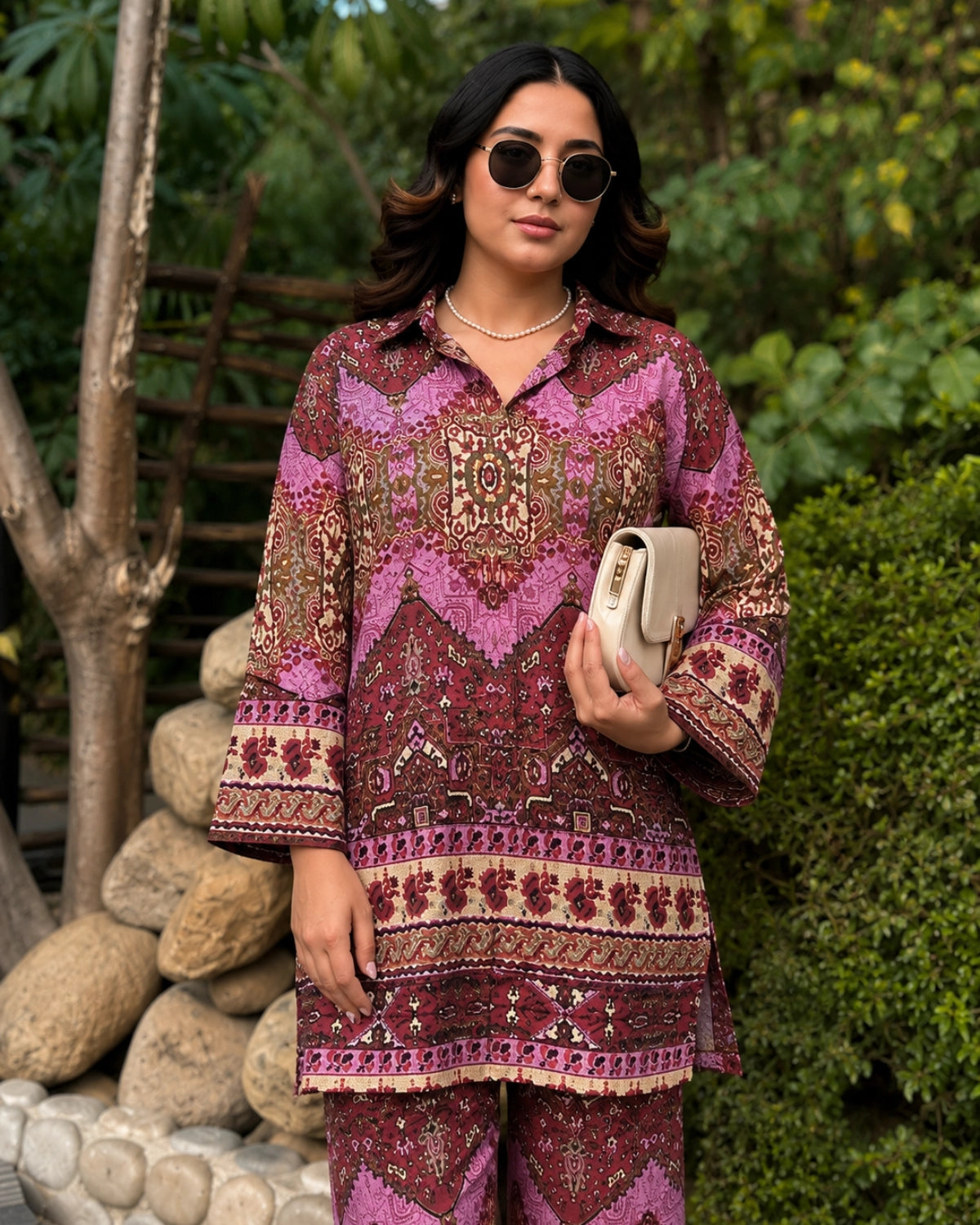 Wine Boho Print Rayon Co-ord Set with Shirt Collar for Vacation Wear