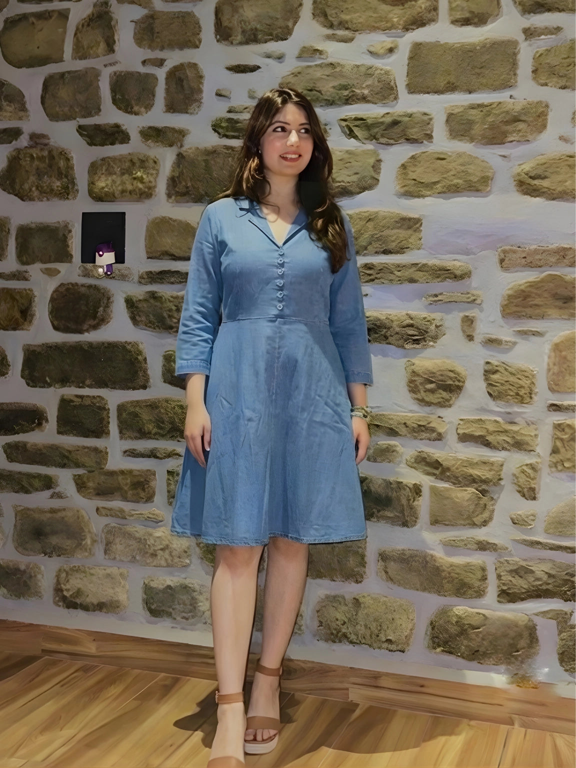 Sky Blue Button-Down Denim Style Dress