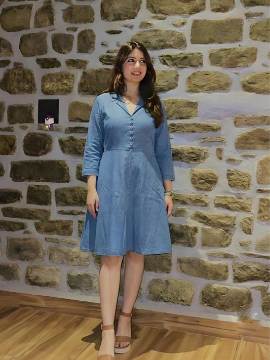 Sky Blue Button-Down Denim Style Dress