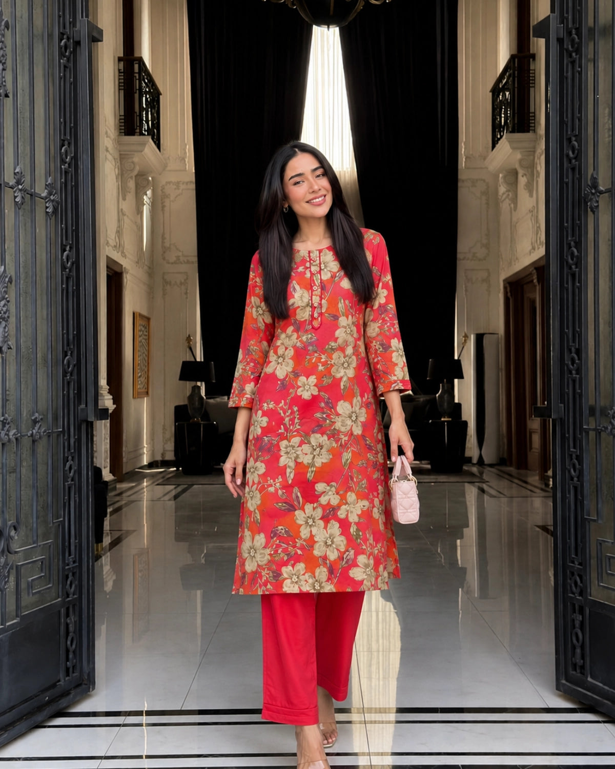 Coral Pink Floral Print Kurta Pant Set with Round Neck for Daily Wear