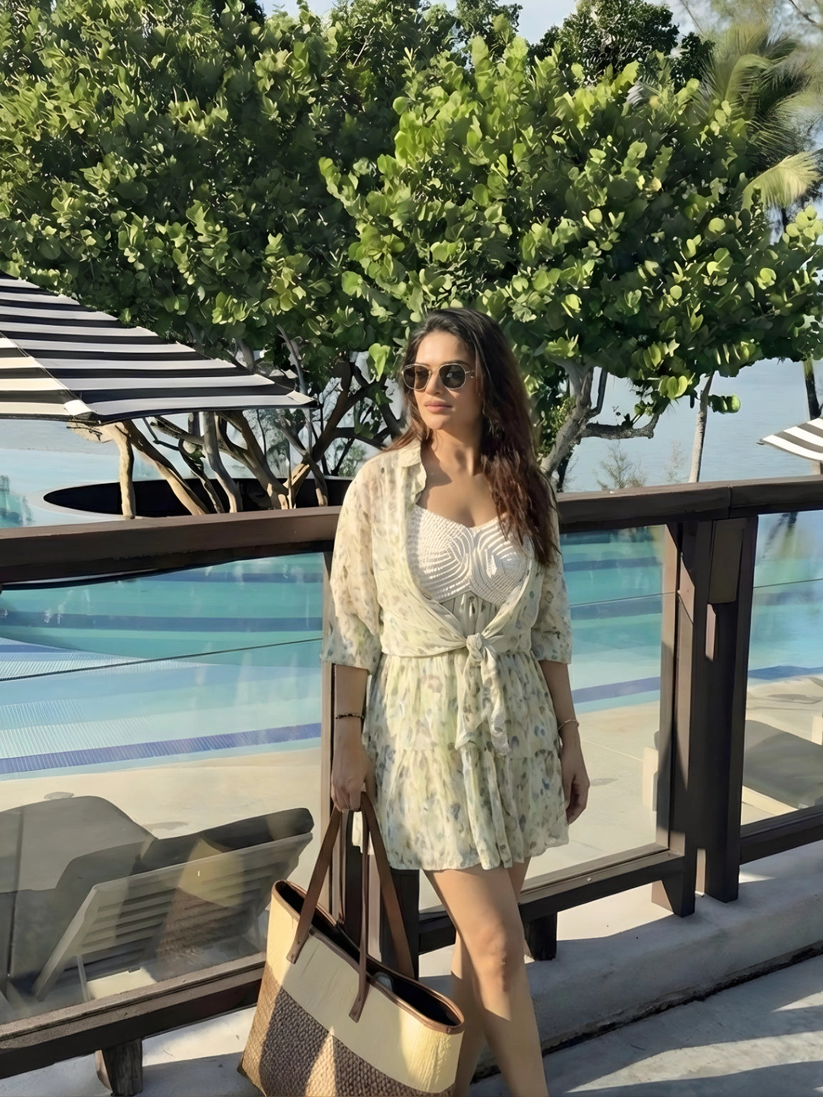 Mint Floral Midi Dress with Crochet Detail