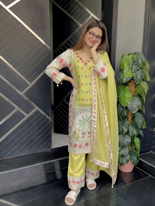 Lime Green and Cream Printed 3-Piece Kurta Suit