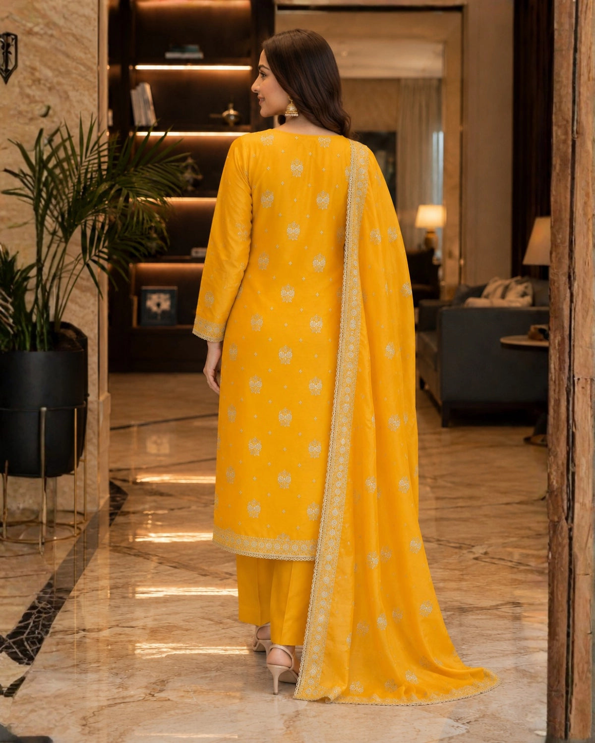 Mustard Yellow Thread Work Viscose Unstitched Suit for Daily Wear