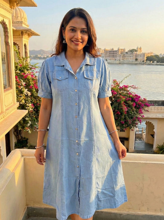 Sky Blue Button-Down Denim Midi Dress