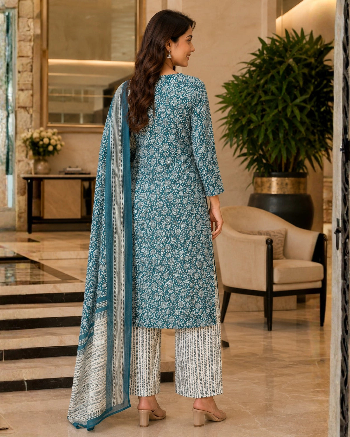 Teal Block Print Cotton Unstitched Suit for Daily Wear