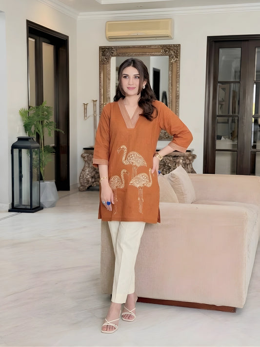 Rust Flamingo Embroidered Kurti