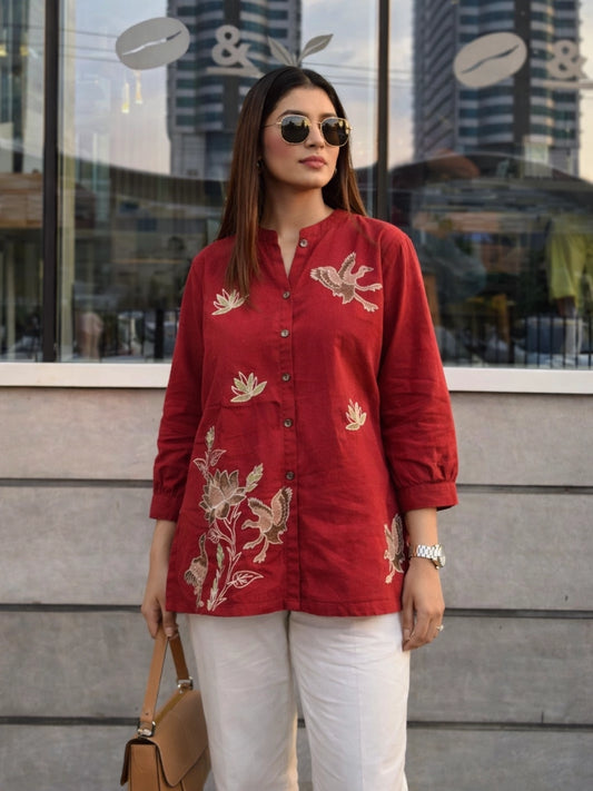 Maroon Bird & Floral Embroidered Kurti