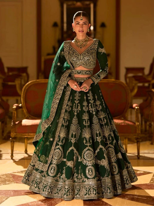 Emerald Green Hand-Embroidered Velvet Lehenga Set