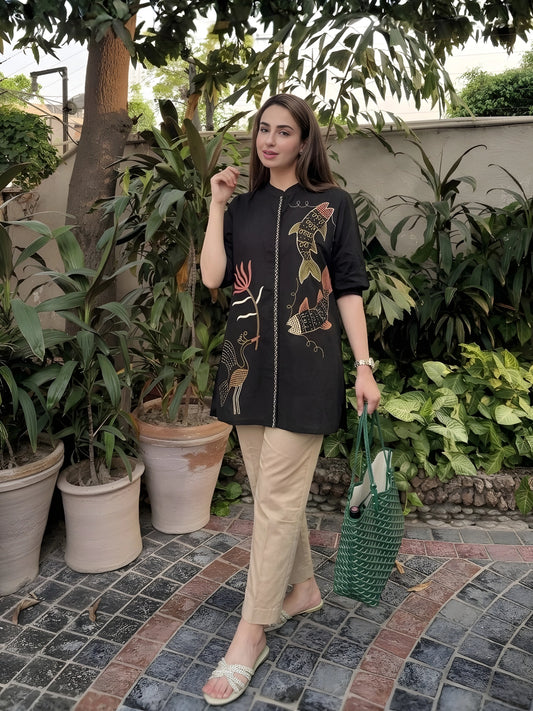 Black Embroidered Aquatic Motif Kurti