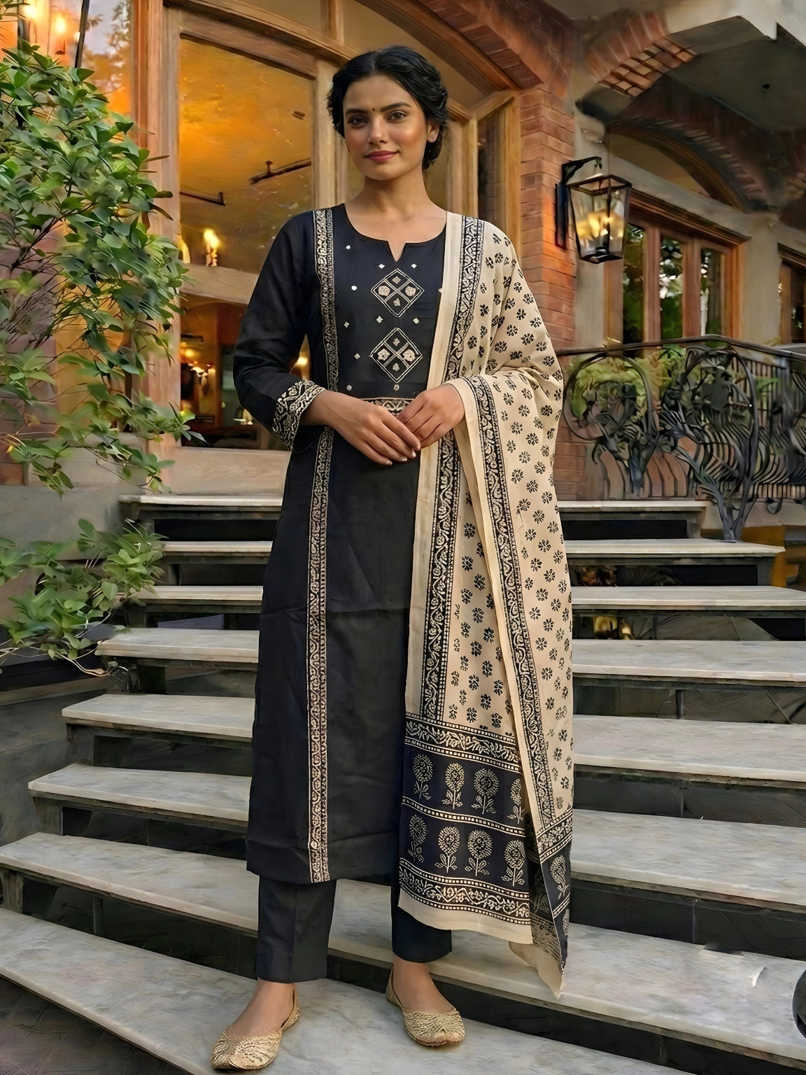 Elegant Black & Beige Printed Salwar Suit Set