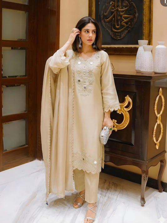 Elegant Beige Embroidered Kurta Set with Dupatta