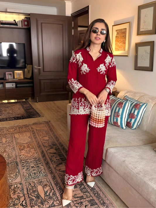 Crimson Red Floral Embroidered Co-Ord Set