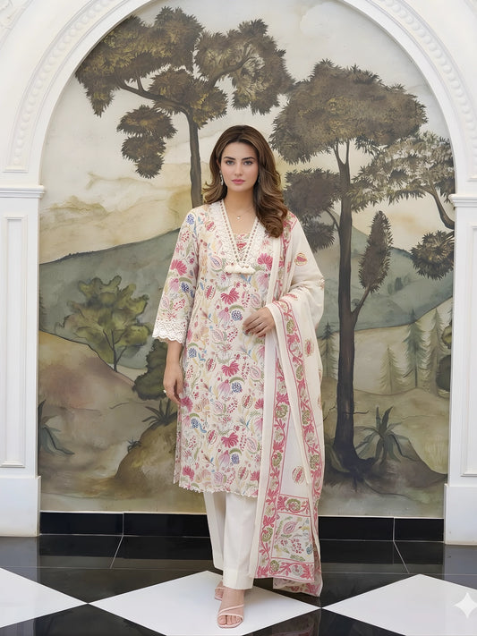 Off-White Floral 3-Piece Kurta Suit