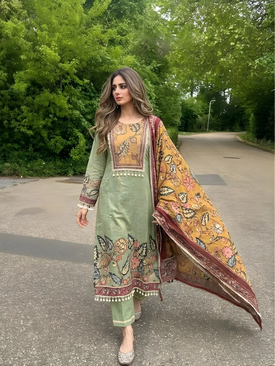 Sage Green Floral Printed Kurta Suit Set with Dupatta