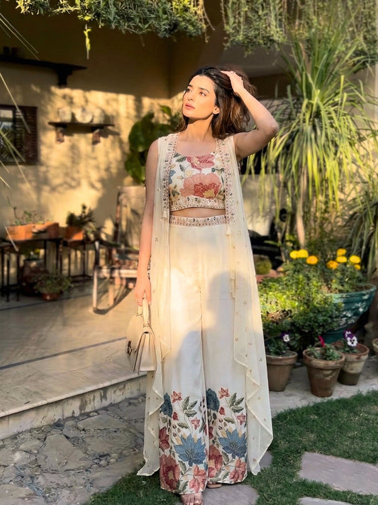 Ivory Floral Print Co-Ord Set with Long Shrug