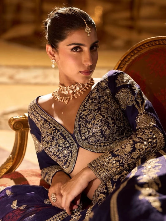 Midnight Purple Velvet Hand-Embroidered Lehenga Set