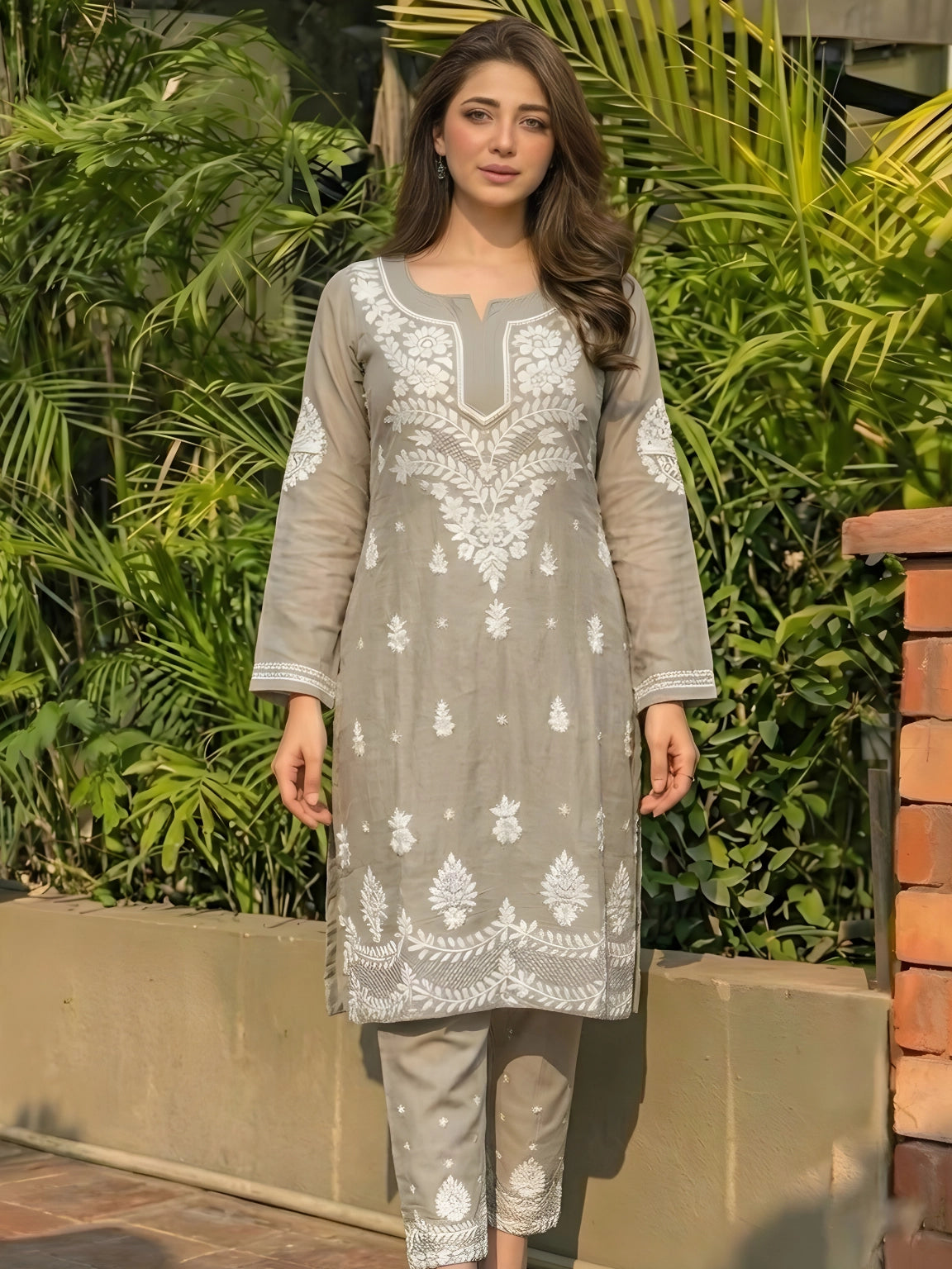 Sage Gray Embroidered Chikankari Kurta Set