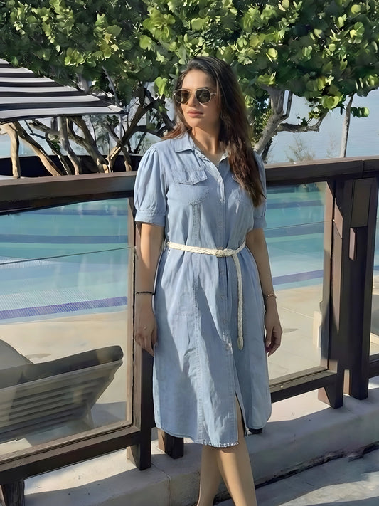 Sky Blue Puff-Sleeved Denim Midi Dress