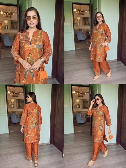 Rust Heritage Motif Kurta Pant Set