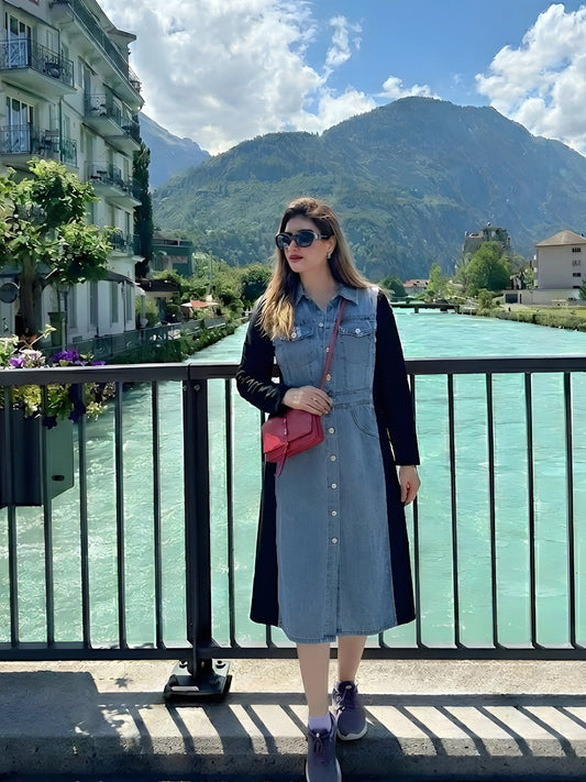 Blue and Black Panelled Button-Down Dress