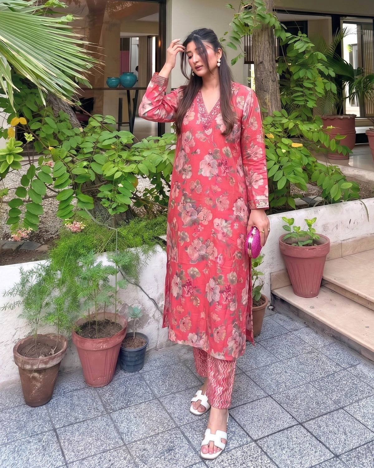Coral Pink Floral Print Rayon Kurta Pant Set for Daily Wear