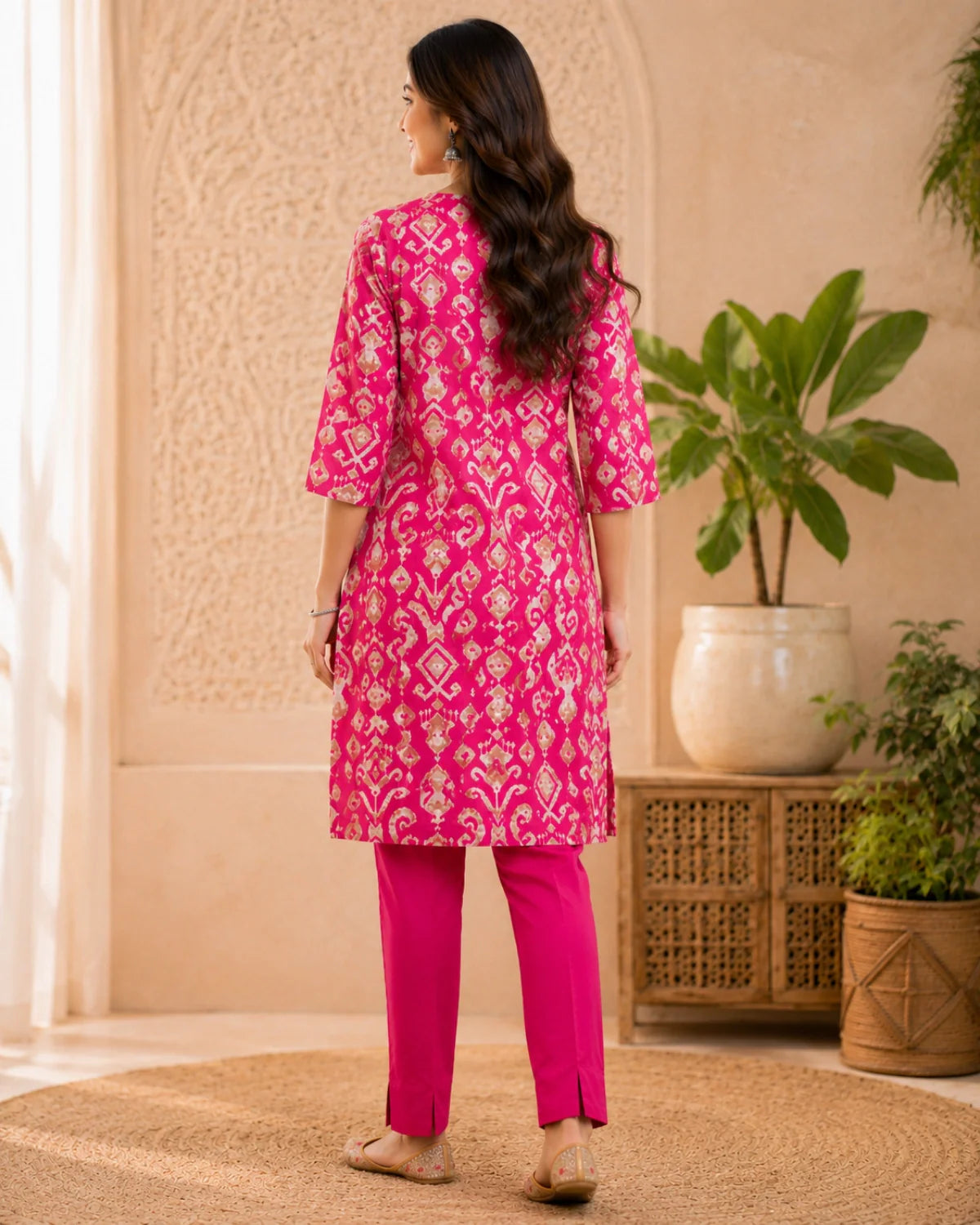 Rani Pink Ikat Print Rayon Kurta Pant Set for Daily Wear