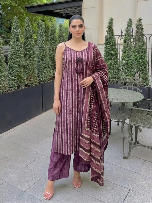 Deep Plum Batik Print Strappy Suit Set