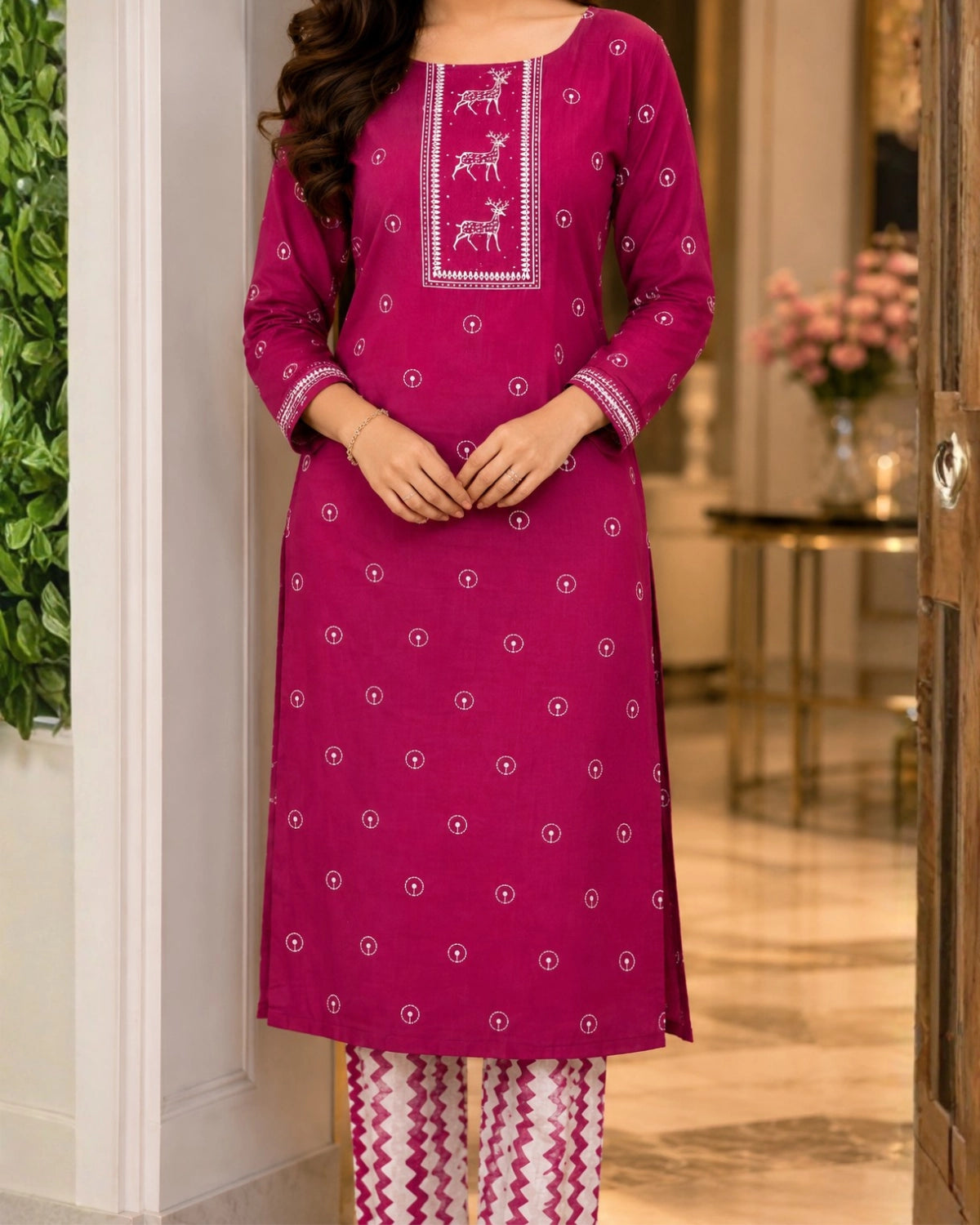 Rani Pink Block Print Cotton Unstitched Suit for Daily Wear