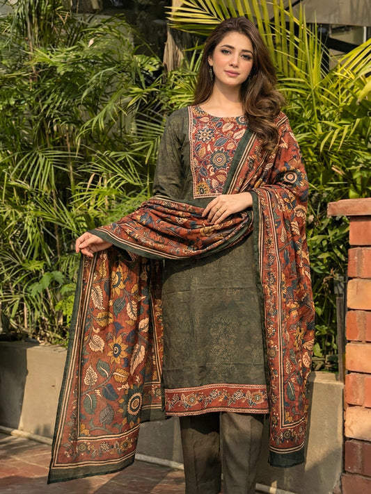 Olive Green Floral Kalamkari Ethnic Suit Set