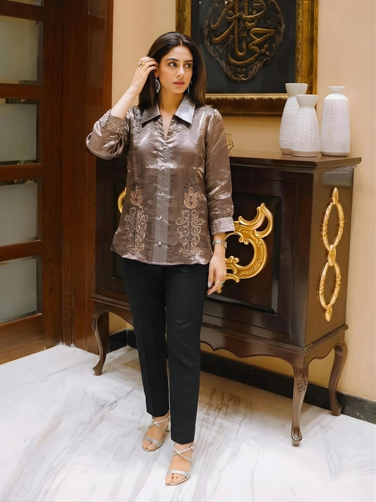 Metallic Bronze Embroidered Button-Down Top