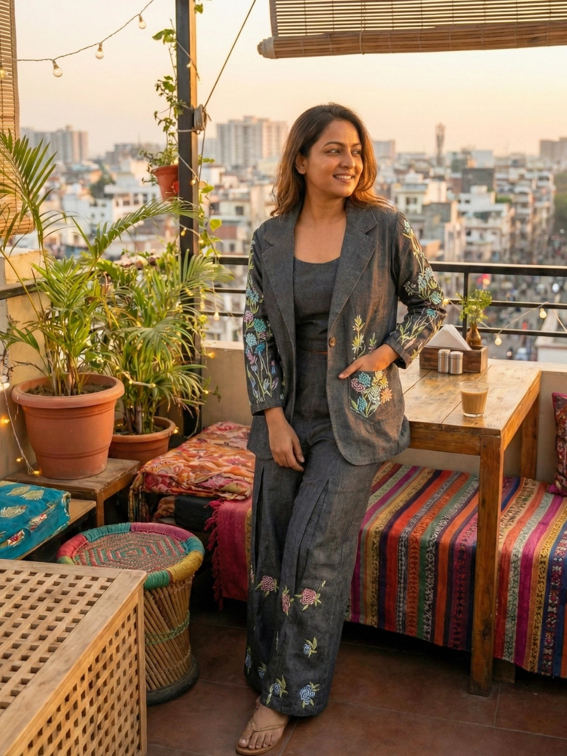 Embroidered Charcoal Denim Co-Ord Set