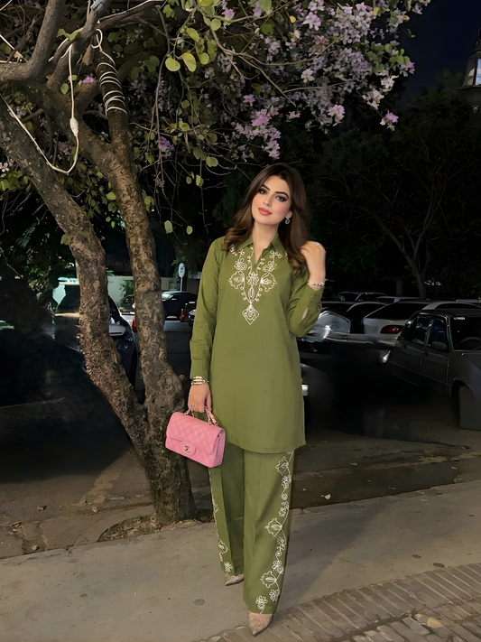 Olive Green Embroidered Co-Ord Set