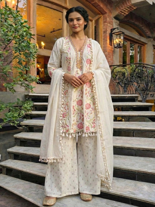 Floral Embroidered Ivory Kurta Set