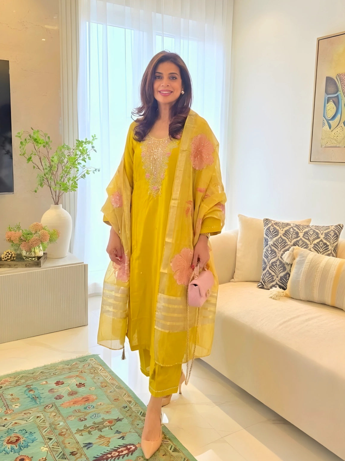 Sun-Kissed Yellow Embellished Kurta Set with Floral Organza Dupatta