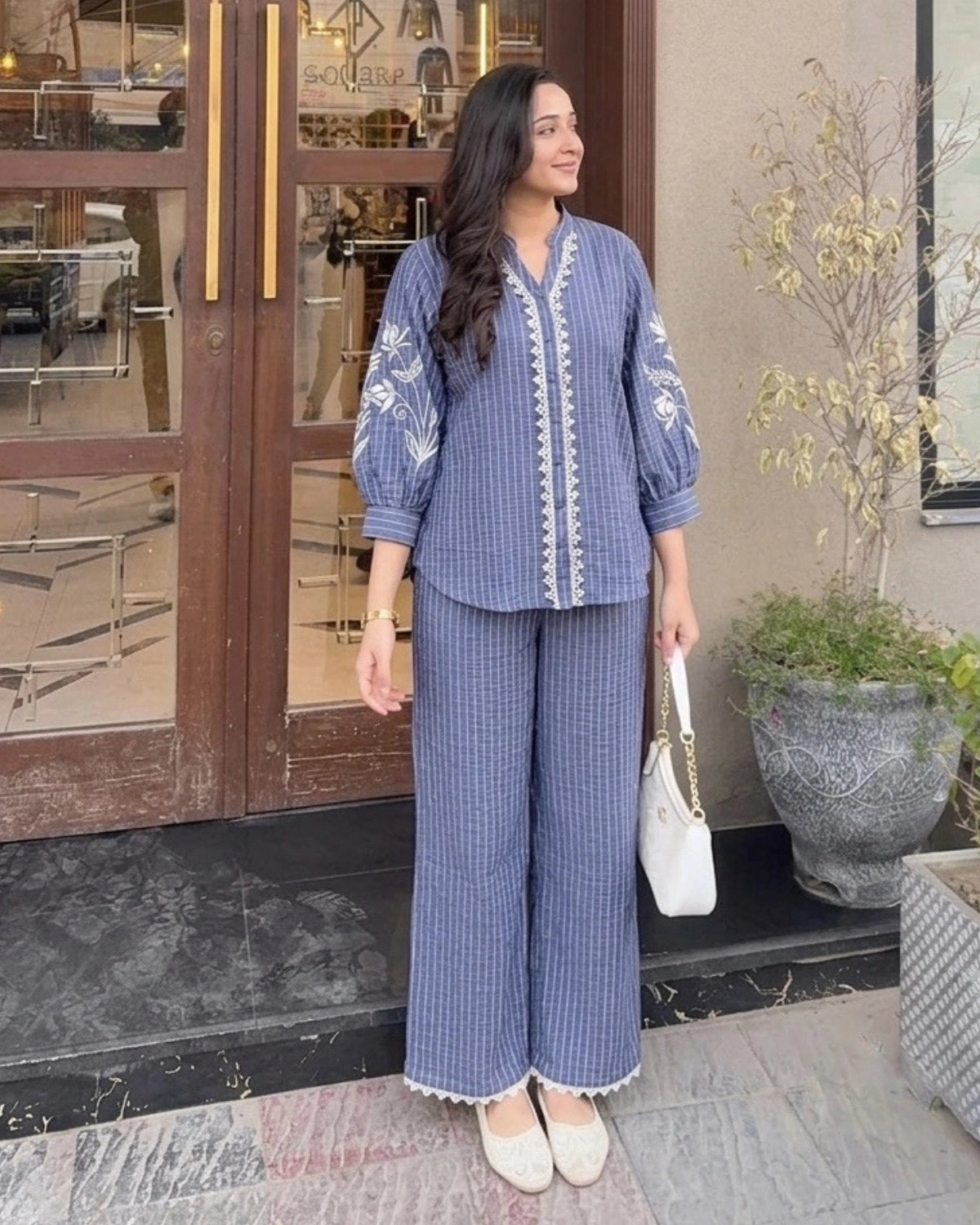 Thread Work Imported Co-ord Set with Mandarin Neck and Lace Trim for Vacation Wear