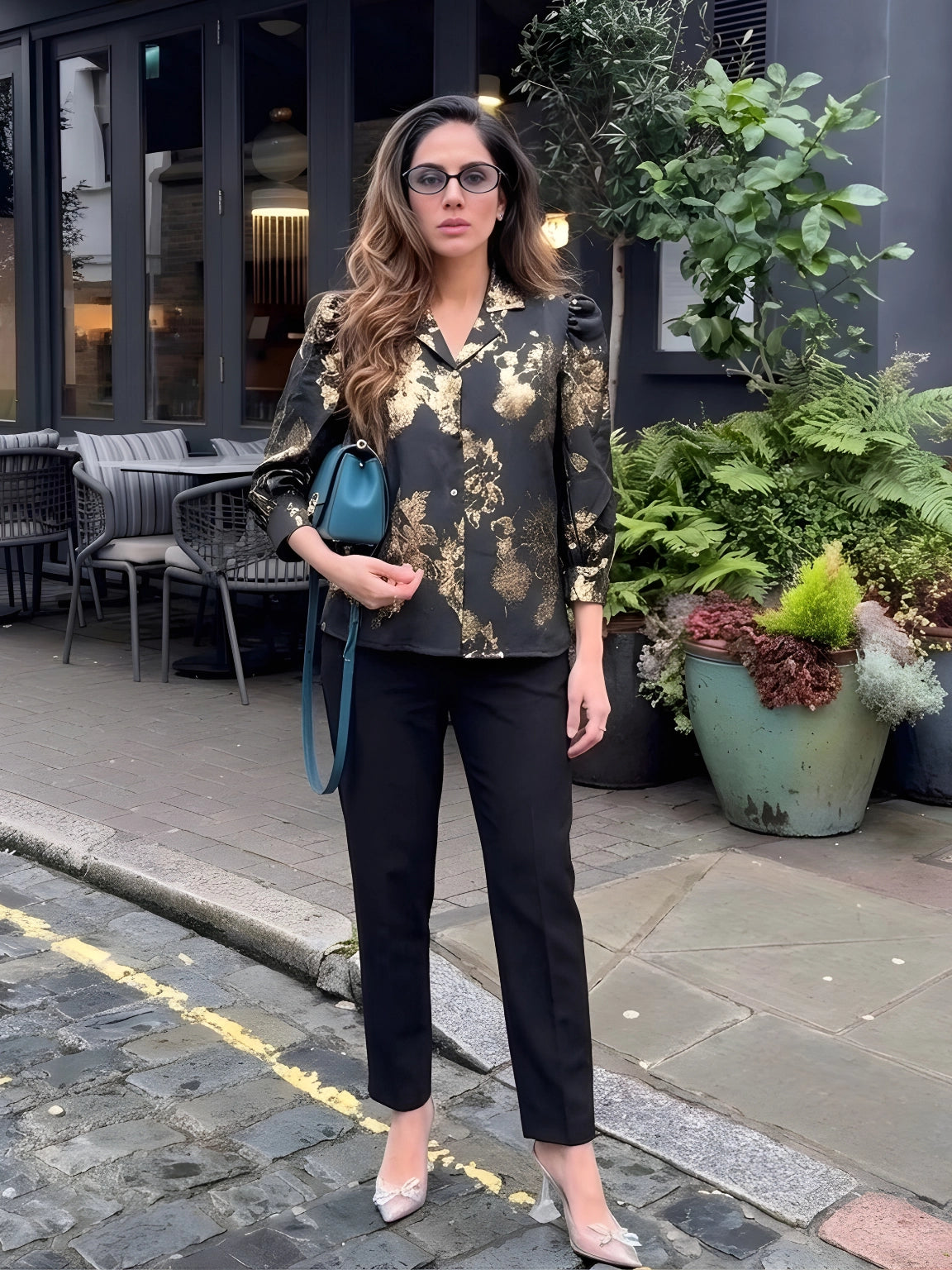 Black & Gold Metallic Foil Print Top