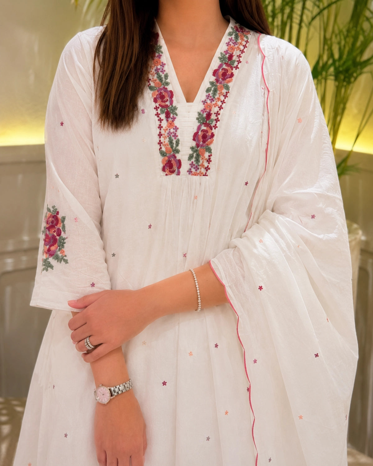 White Embroidered Mul Chanderi Kurta Pant Dupatta Set for Vacation Wear