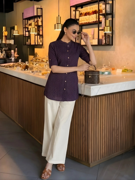 Deep Purple Geometric Print Cotton Kurti