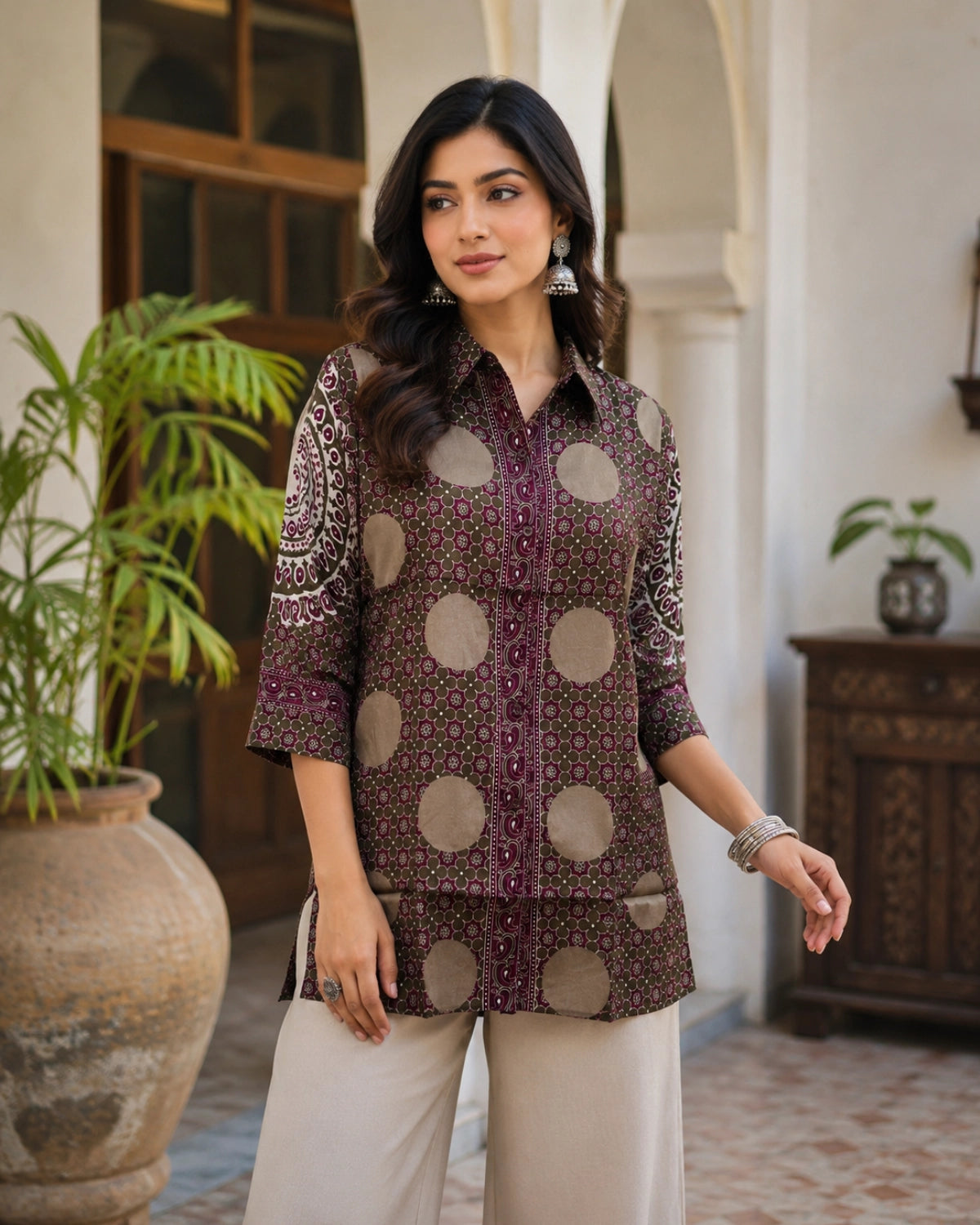 Wine Ajrakh Print Crepe Short Shirt with Collar Neck for Vacation Wear