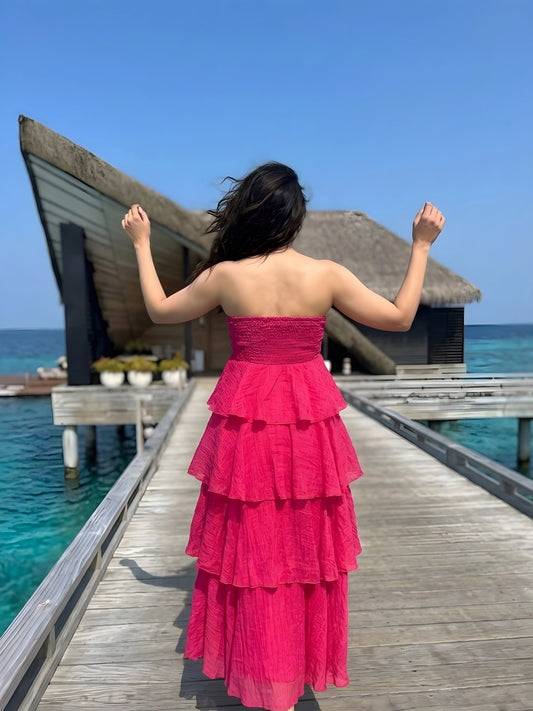 Vibrant Fuchsia Strapless Tiered Maxi Dress