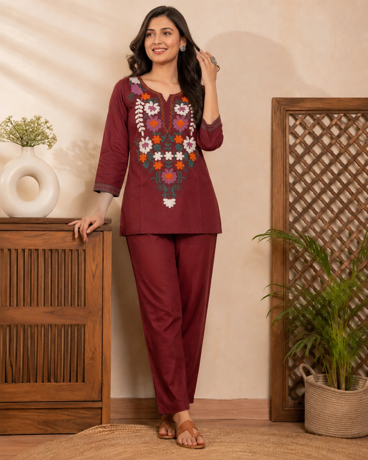 Maroon Embroidered Cotton Co-Ord Set with Notch Neck for Vacation Wear