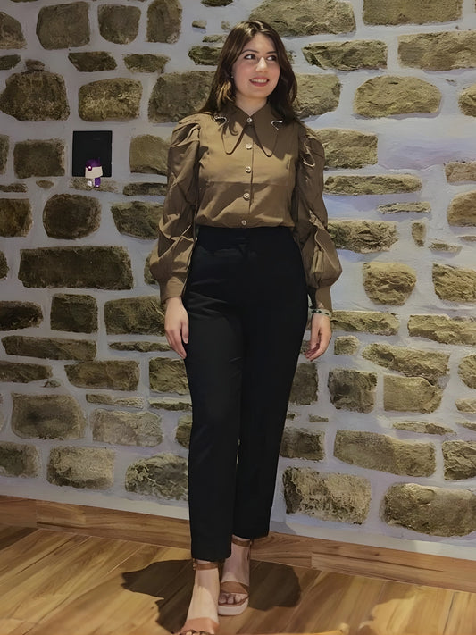 Mocha Brown Statement Sleeve Button-Down Top