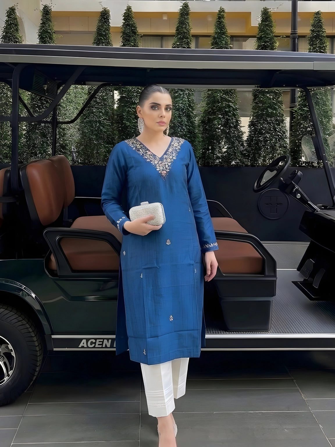 Deep Teal Embroidered Silk Kurti