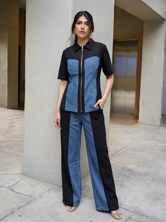 Black and Blue Paneled Zip-Front Co-ord Set