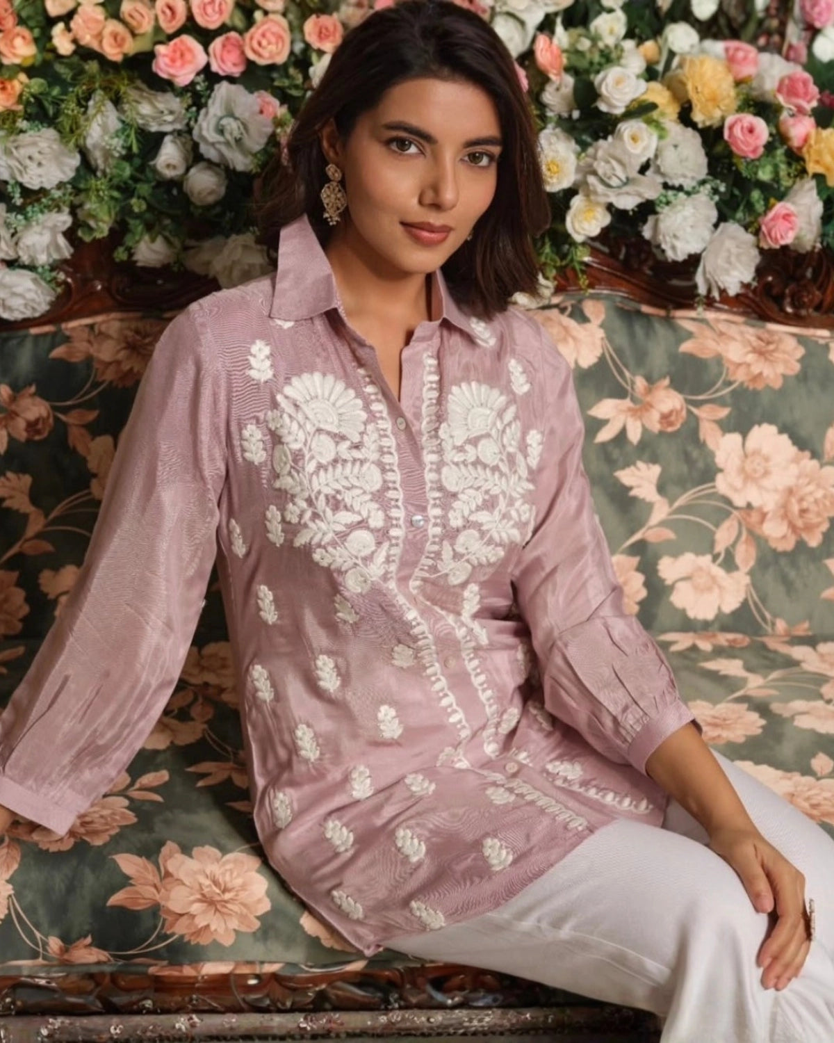 Mauve Chikankari Embroidered Muslin Shirt for Office Wear